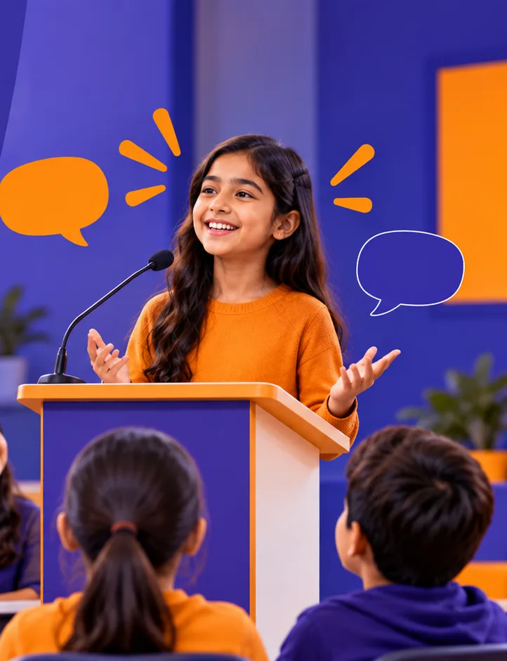 A student speaking confidently at a podium